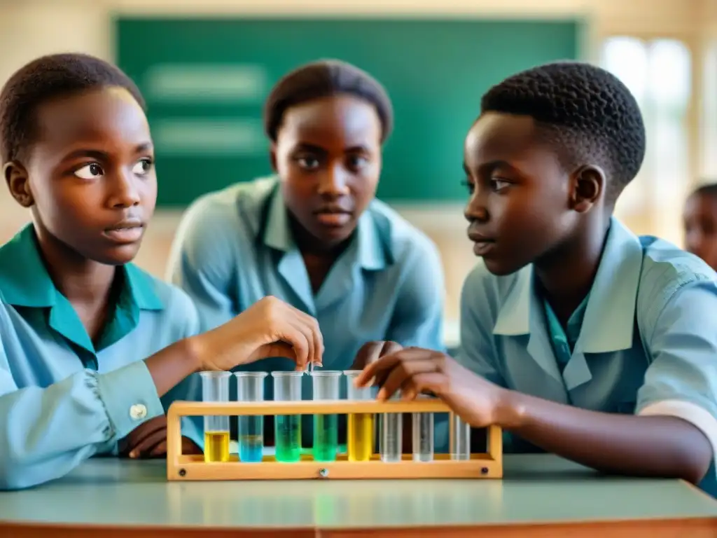 Una imagen emocionante de estudiantes africanos en experimento científico, resaltando importancia autoexploración educación africana