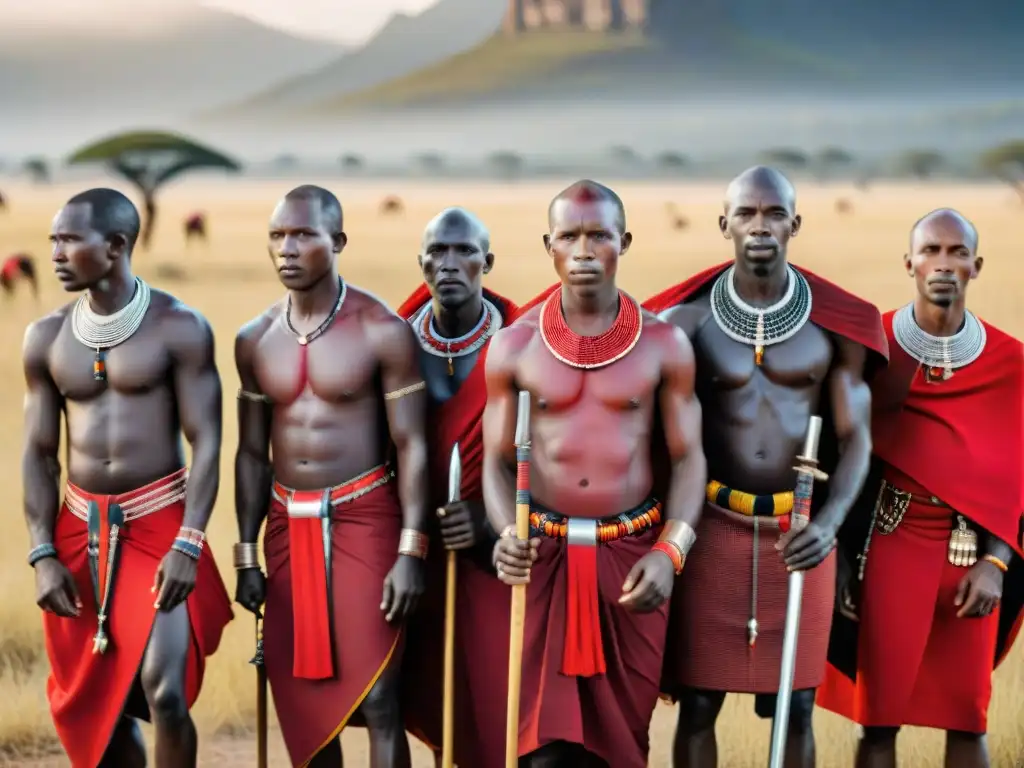 La imagen muestra guerreros Masai con atuendos rojos en la sabana africana, resaltando el significado del color rojo en prácticas religiosas africanas