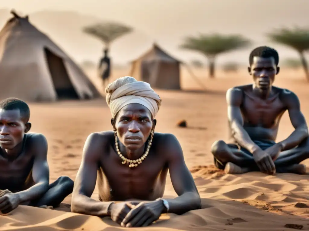 Una imagen impactante que muestra la esclavitud en el Sahel, con personas esclavizadas bajo duras condiciones y expresiones cansadas