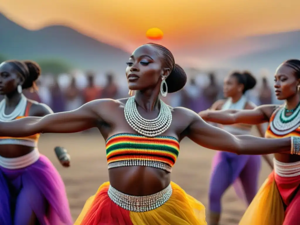 Una imagen impactante de expresiones espirituales en arte africano, donde bailarines detallados cautivan con su energía y vestimenta vibrante