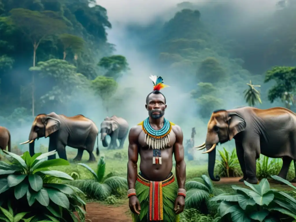 Una imagen que muestra la importancia de los animales en las sociedades africanas, con un grupo de BaAka en la selva rodeados de fauna indígena