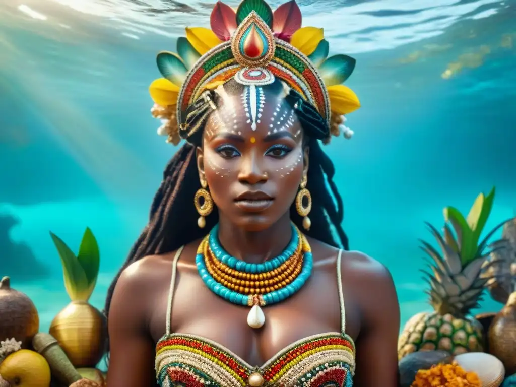 Imagen de un impresionante altar de Mami Wata rodeado de ofrendas coloridas y devotos en un ritual de sincretismo africano