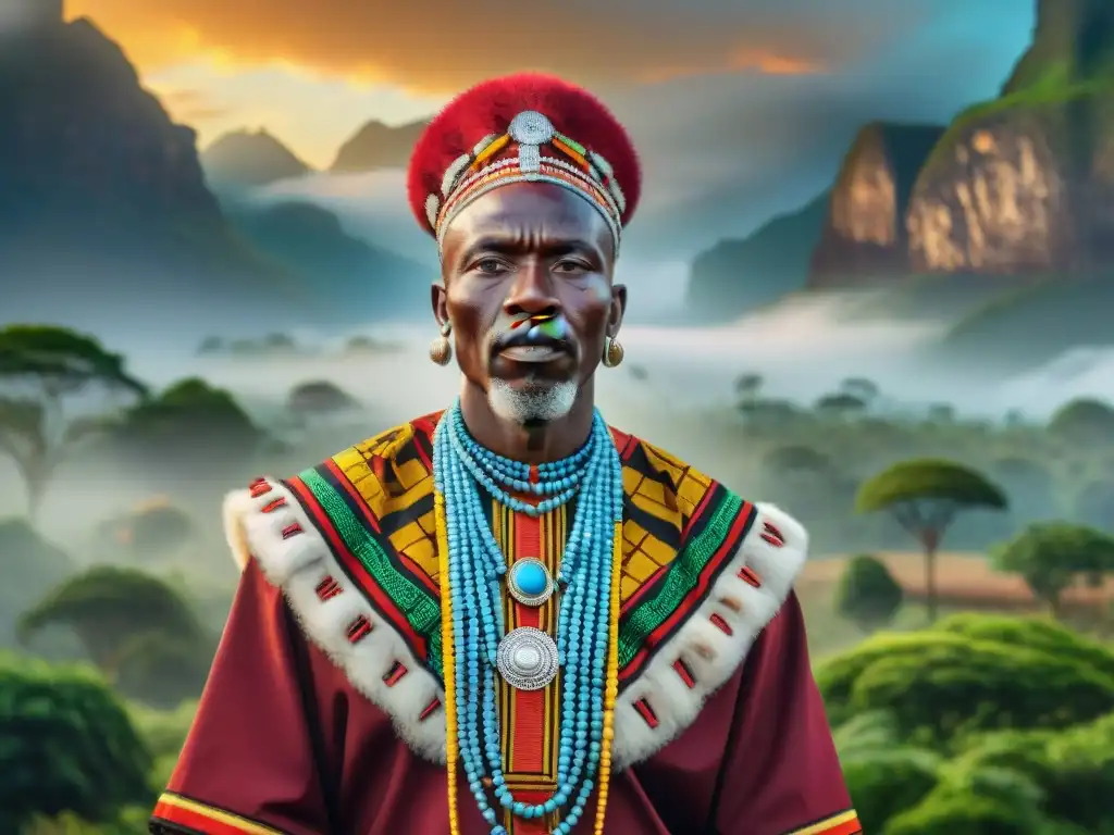 La imagen muestra a un jefe africano tradicional con atuendo ceremonial vibrante, reflejando la iconografía del liderazgo y arte africano