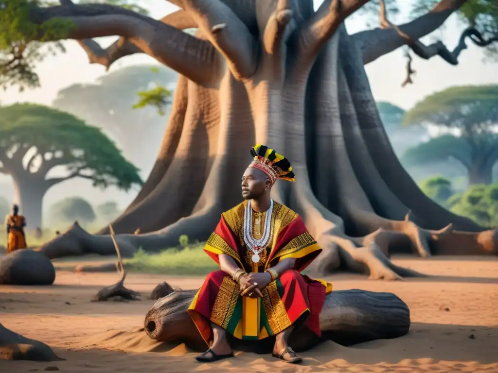 La imagen muestra a un jefe Ashanti con kente y oro rodeado de ancianos bajo un baobab, reflejando la historia del reino Ashanti