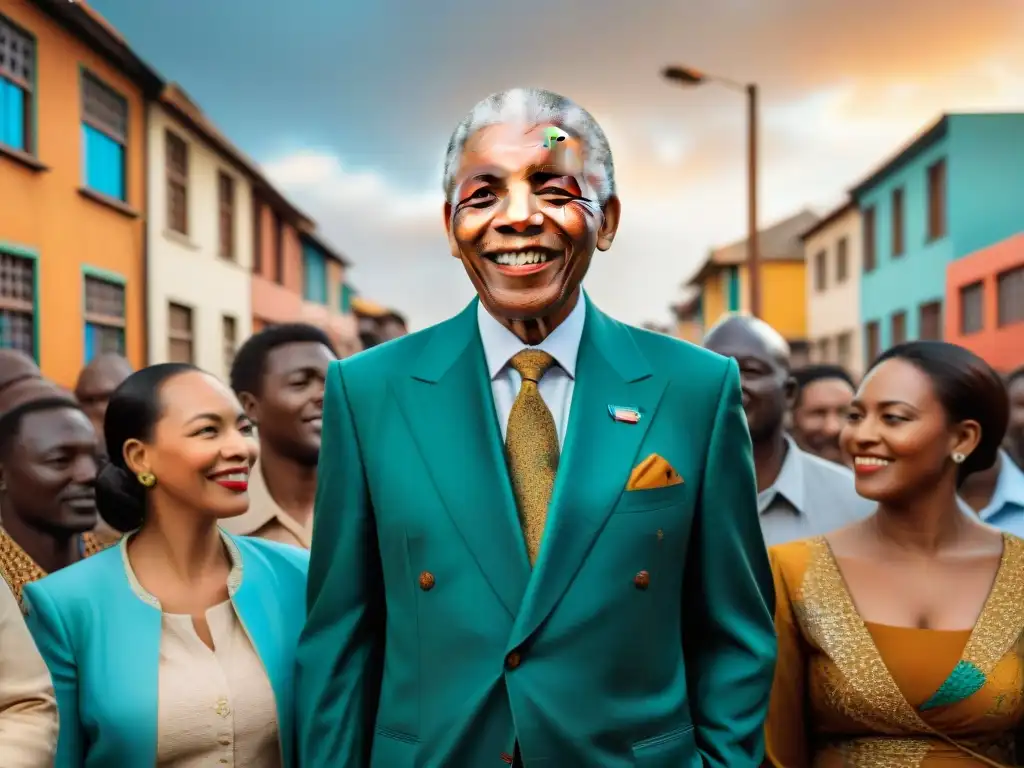 La imagen muestra a Nelson Mandela junto a un grupo diverso de sudafricanos sonriendo en unidad, en una calle vibrante de Sudáfrica