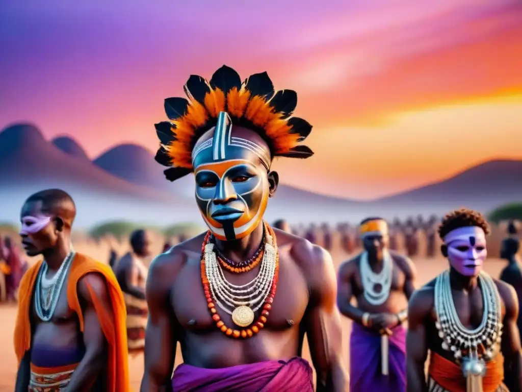 Ritual espiritual en aldea africana al atardecer Una imagen poderosa de rituales africanos con ancianos tribales en un pueblo al atardecer