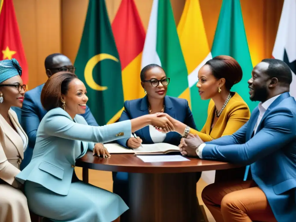 Una imagen de políticos africanos diversos discutiendo en una mesa redonda, representando influencia, género, clase y política africana