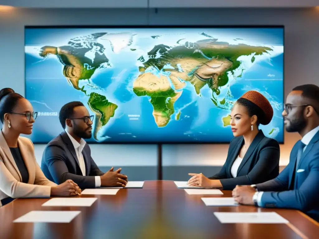 Una imagen de profesionales africanos debatiendo en una sala de conferencias moderna, con un mapa del mundo en pantalla