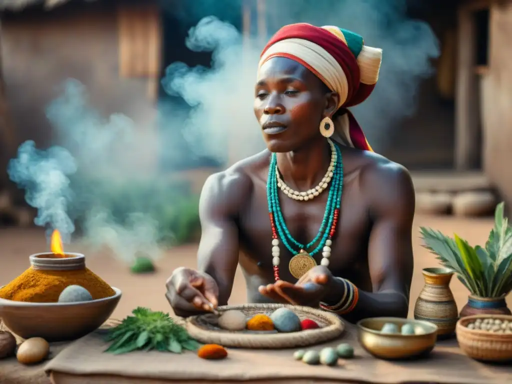 Imagen de un sanador tradicional en África realizando rituales de curación, rodeado de hierbas y piedras en un ambiente místico