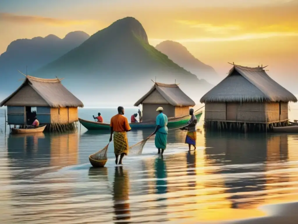 Imagen con simbolismo de pesca y tradición: pescadores africanos lanzando redes al amanecer en una aldea costera serena