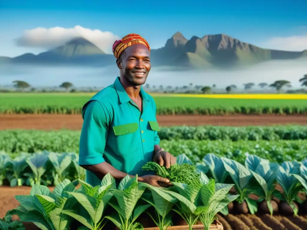 Una imagen vibrante de agricultores africanos en trajes tradicionales, trabajando juntos en un campo verde bajo el sol brillante