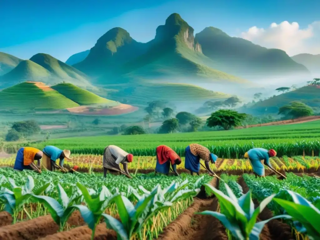 Imagen vibrante de agricultores africanos cultivando en un campo verde, transmitiendo los orígenes de la agricultura en África