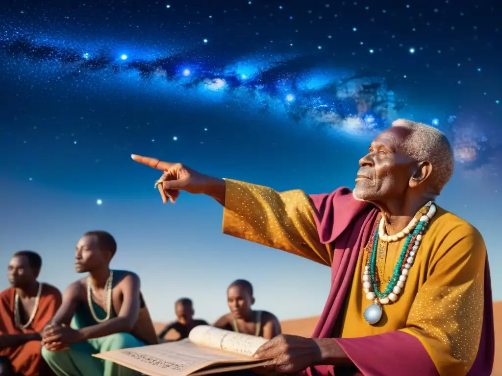 Una imagen vibrante de un anciano africano tradicional enseñando astrología a jóvenes bajo un cielo estrellado