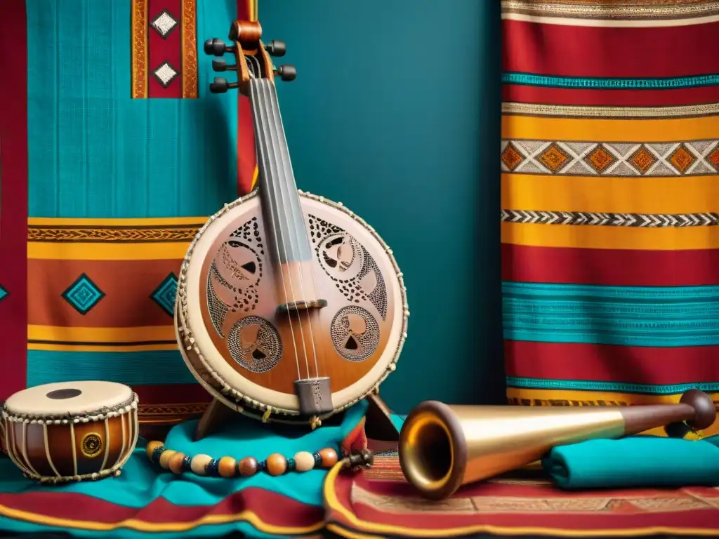 Una imagen vibrante de instrumentos musicales africanos en textiles coloridos, destacando la artesanía y la diversidad cultural