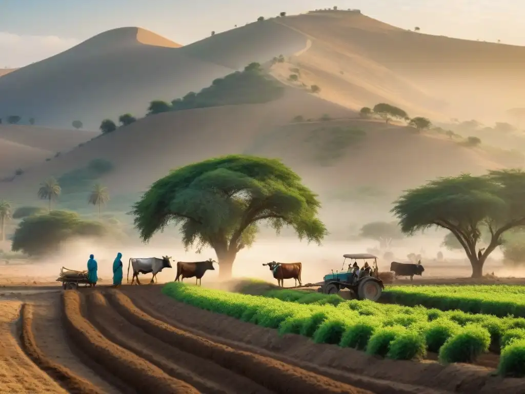 Una imagen de la vida cotidiana en los imperios sahelianos: agricultores trabajando en los campos, mujeres cuidando cultivos y niños jugando