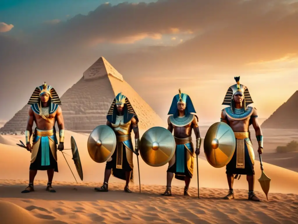 Guerreros ancestrales en el atardecer dorado: Egipto y Nubia Una impactante escena de guerreros egipcios y nubios en pleno desierto al atardecer, evocando tácticas militares en Egipto Nubia