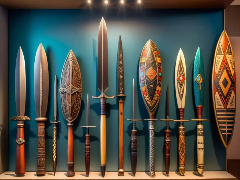 Una impactante exhibición de armas africanas adornadas con colores vibrantes y detalles simbólicos