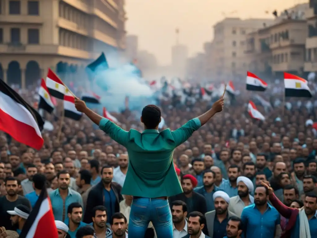 Una impactante imagen documental de la Revolución Egipcia de 2011 en la Plaza Tahrir, reflejando la unidad y la lucha por la libertad y democracia