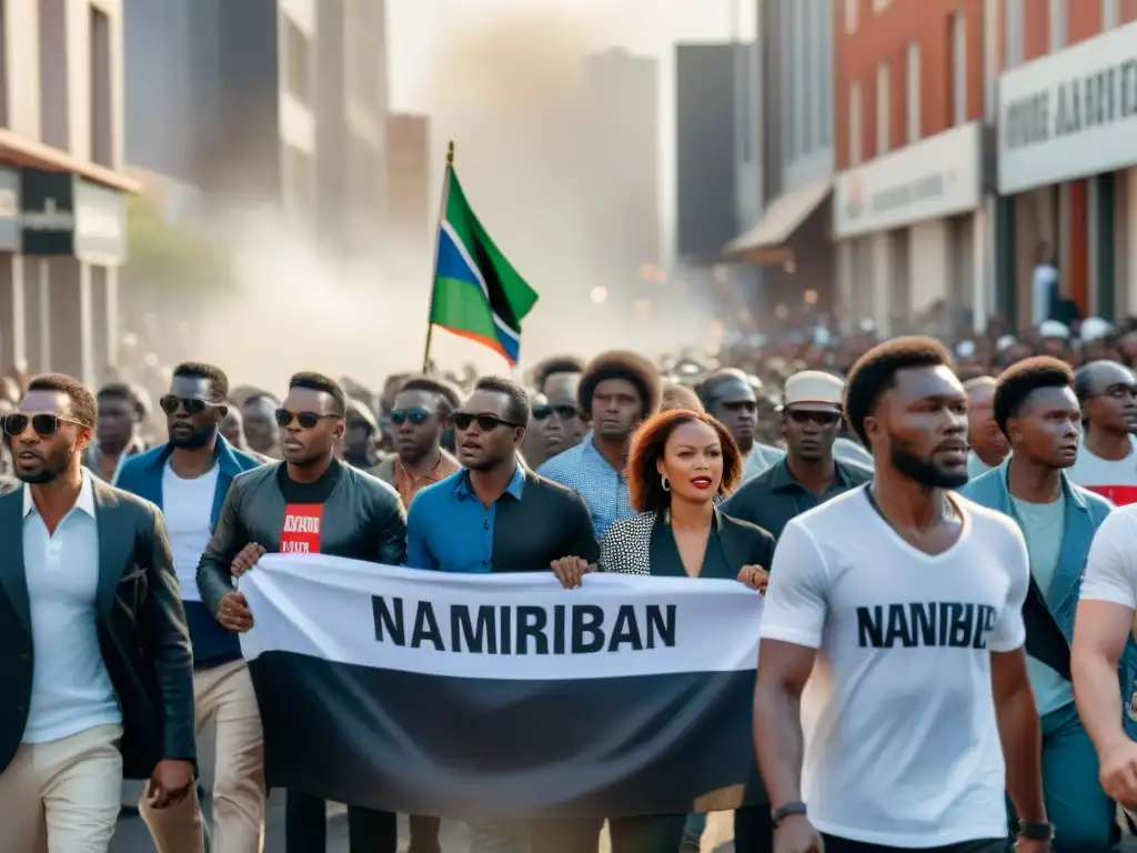 Impactante marcha de activistas namibios en lucha contra el apartheid, mostrando determinación y unidad en las calles de la ciudad