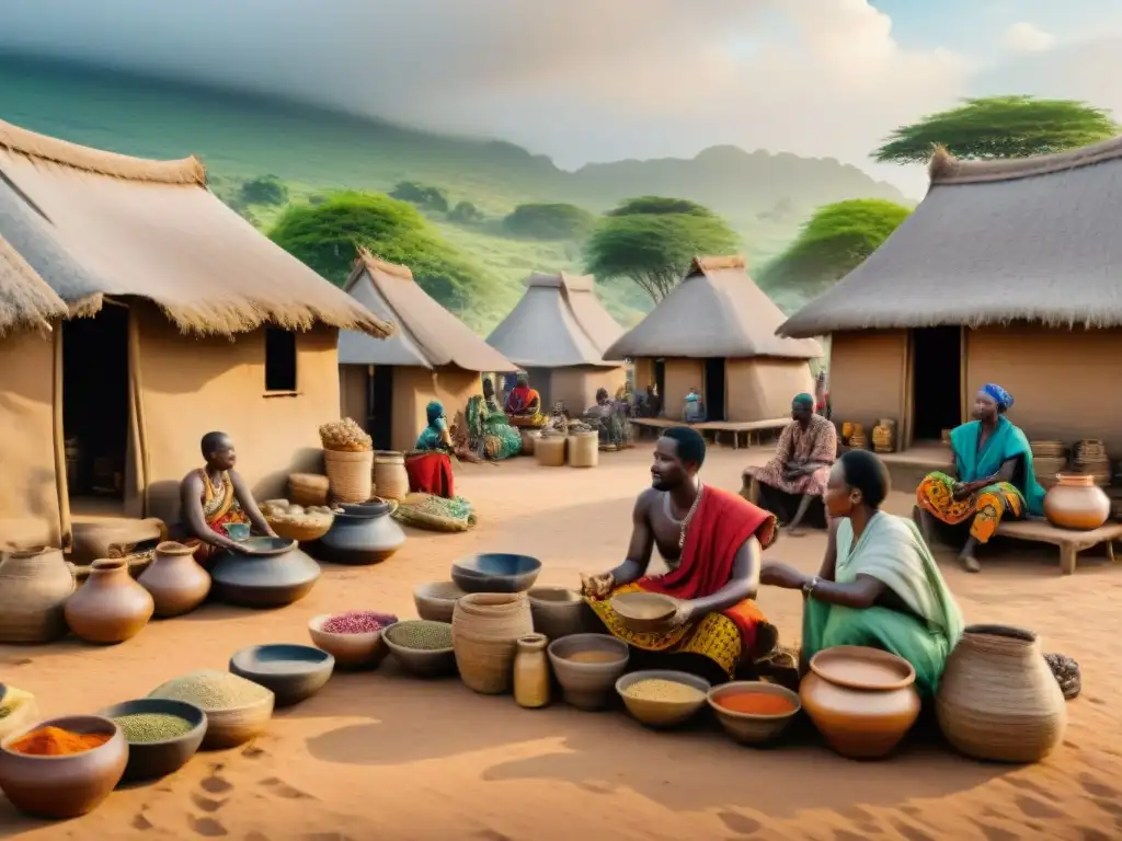 Impacto expediciones economía africana precolonial: Ilustración detallada de animado mercado africano precolonial