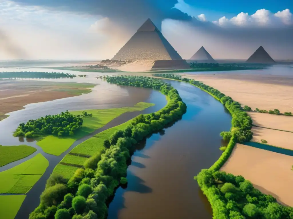 Impacto de la inundación del Nilo en civilizaciones: contraste entre Egipto y Nubia, con el río crecido y paisajes opuestos