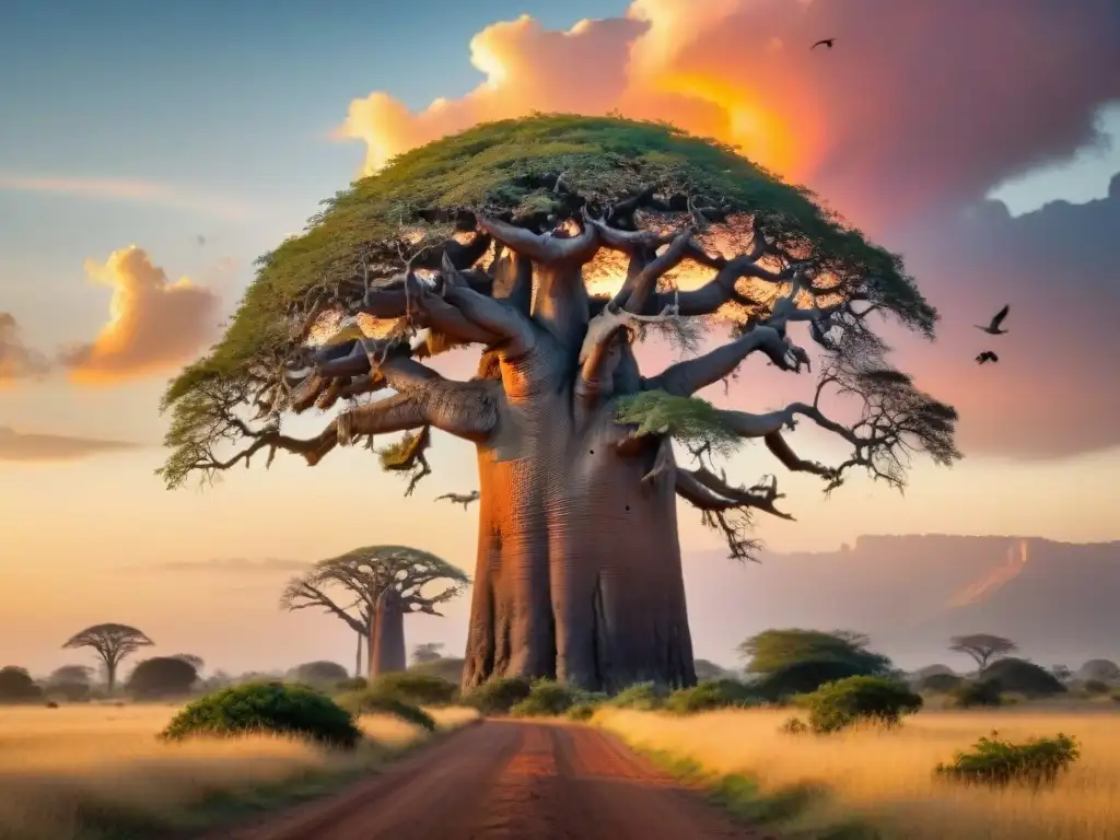 Imponente árbol Baobab en la sabana africana al atardecer