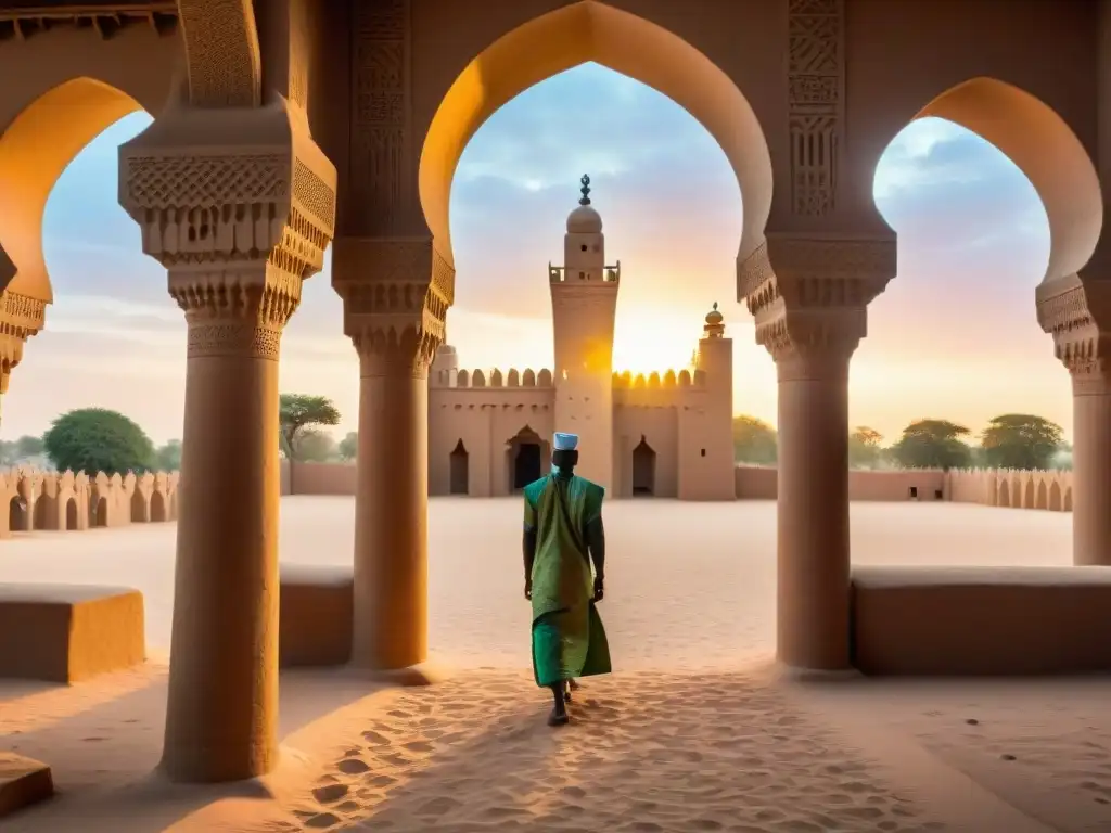 Imponente arquitectura africana a través del tiempo en la Gran Mezquita de Djenné al atardecer vibrante