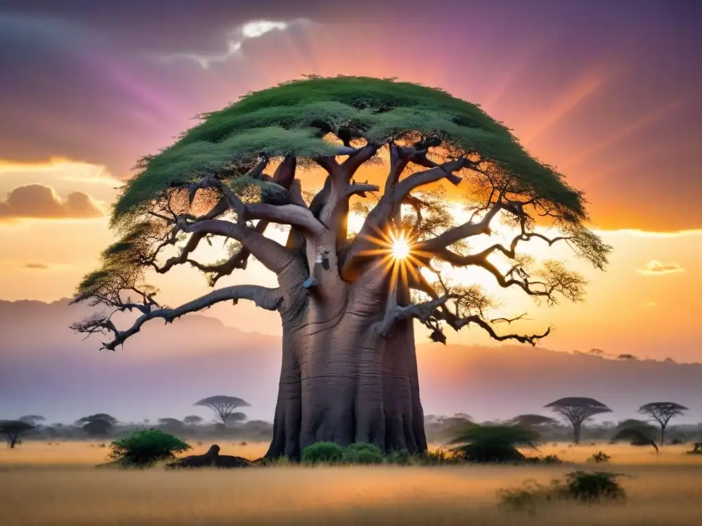 Imponente baobab en la sabana africana al atardecer, reflejando su sabiduría ancestral y la importancia de los beneficios super alimentos africanos