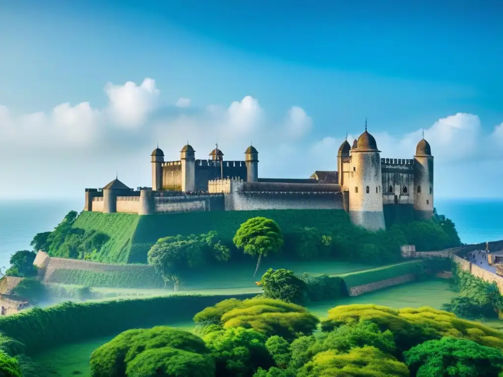 Imponente castillo de Elmina en Ghana, entre exuberante vegetación y cielo azul