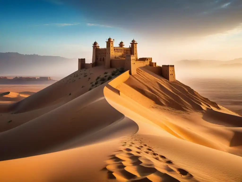 Imponente castillo del Sahara, con muros desgastados por el tiempo y la historia, bajo el sol ardiente