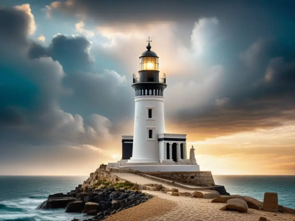 Imponente faro de Alejandría, majestuoso contra el cielo egipcio, resaltando detalles y sombras en su arquitectura antigua