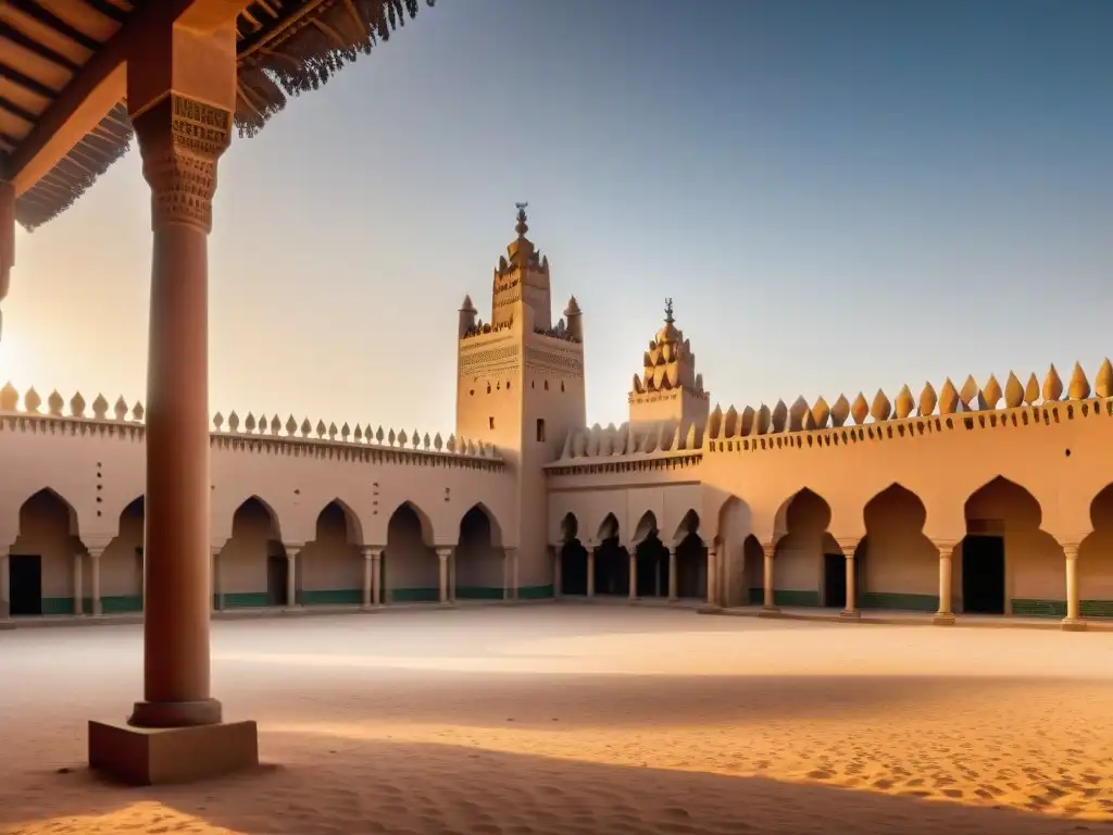 Imponente Gran Mezquita de Djenné al atardecer, reflejando la influencia global de los Imperios del Sahel