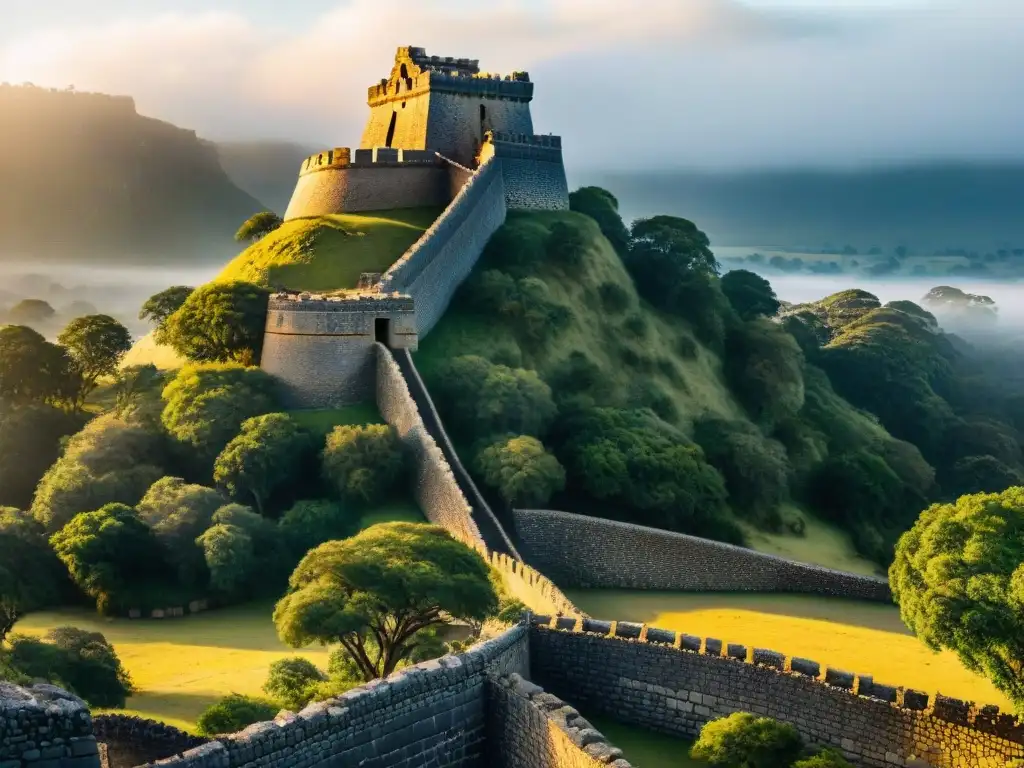 Esplendor dorado: Amanecer en el Gran Monumento Nacional de Zimbabwe Imponente amanecer en Gran Zimbabue, destacando muros de piedra y torre cónica de la ciudad antigua, bajo la luz dorada