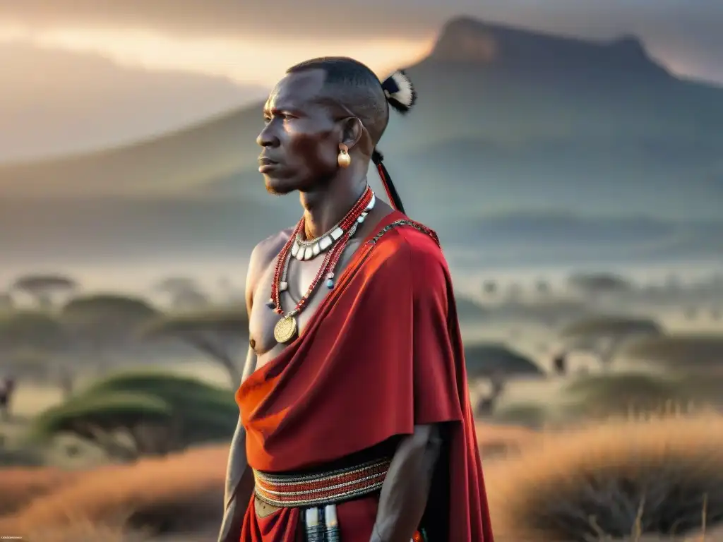 Imponente guerrero Maasai en la sabana al amanecer, reflejando la fuerza de las ceremonias de iniciación tribus africanas