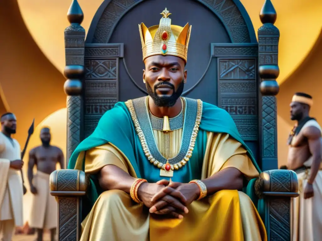 Imponente Mansa Musa en su trono dorado rodeado de corte y soldados, simbolizando el liderazgo en imperios africanos