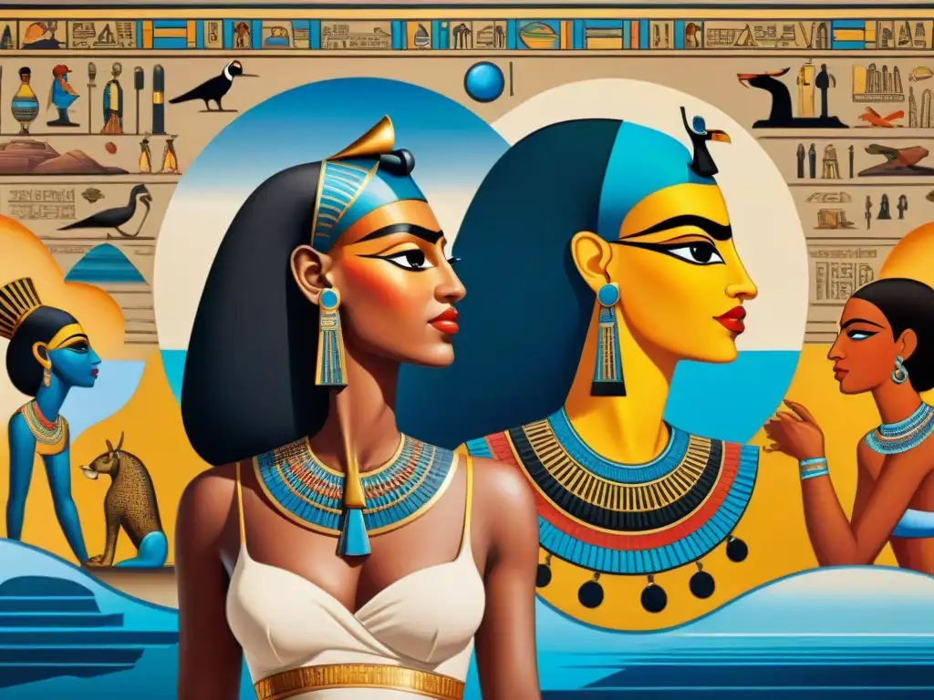 Imponente mural de Mujeres poderosas del Nilo: Cleopatra, Nefertiti y Reina Tiye liderando con fuerza y autoridad