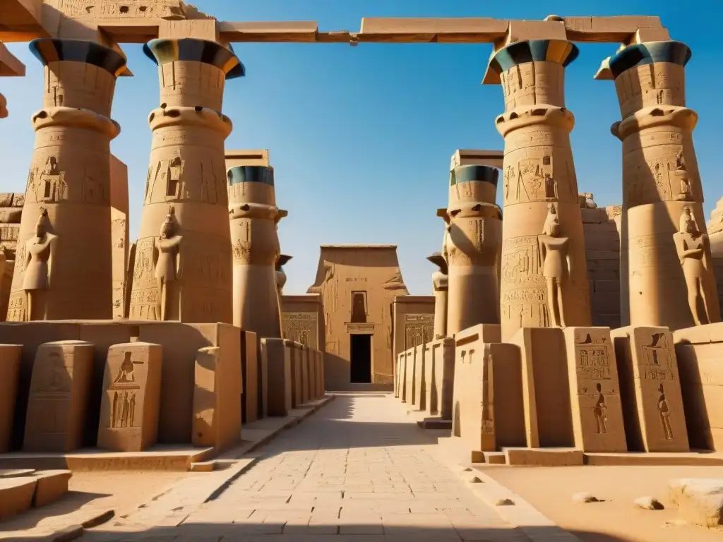 Imponente Templo de Karnak en Luxor, Egipto, con columnas y jeroglíficos, reflejando la historia de los templos antiguos Egipto historia