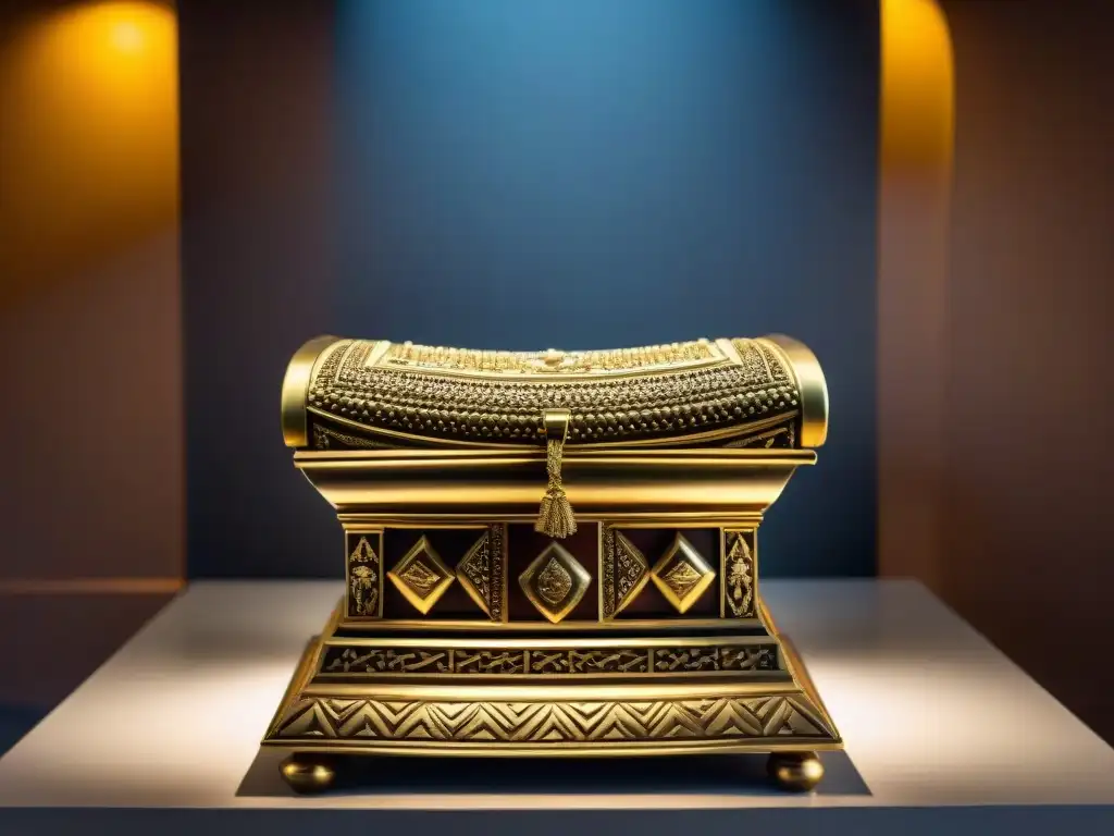 Imponente trono dorado del Imperio Ashanti en un museo iluminado, resaltando su valor histórico y cultural