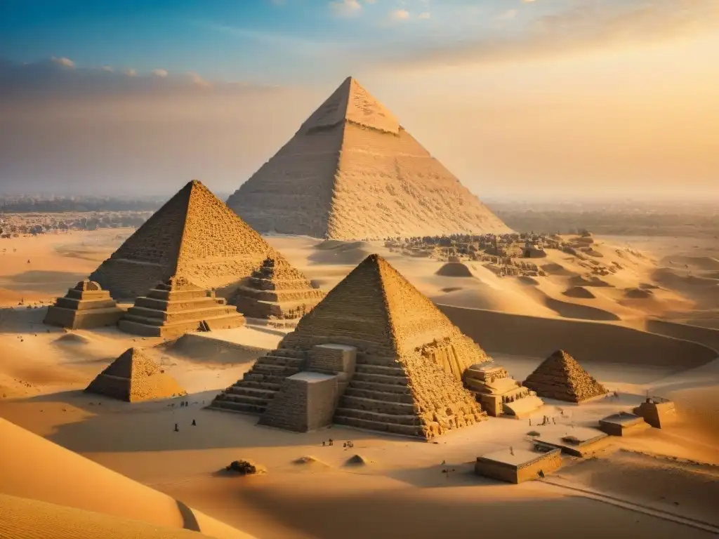 Imponentes construcciones megalíticas africanas enigmáticas: las Grandes Pirámides de Giza destacan entre la arena del desierto, bajo la luz del sol