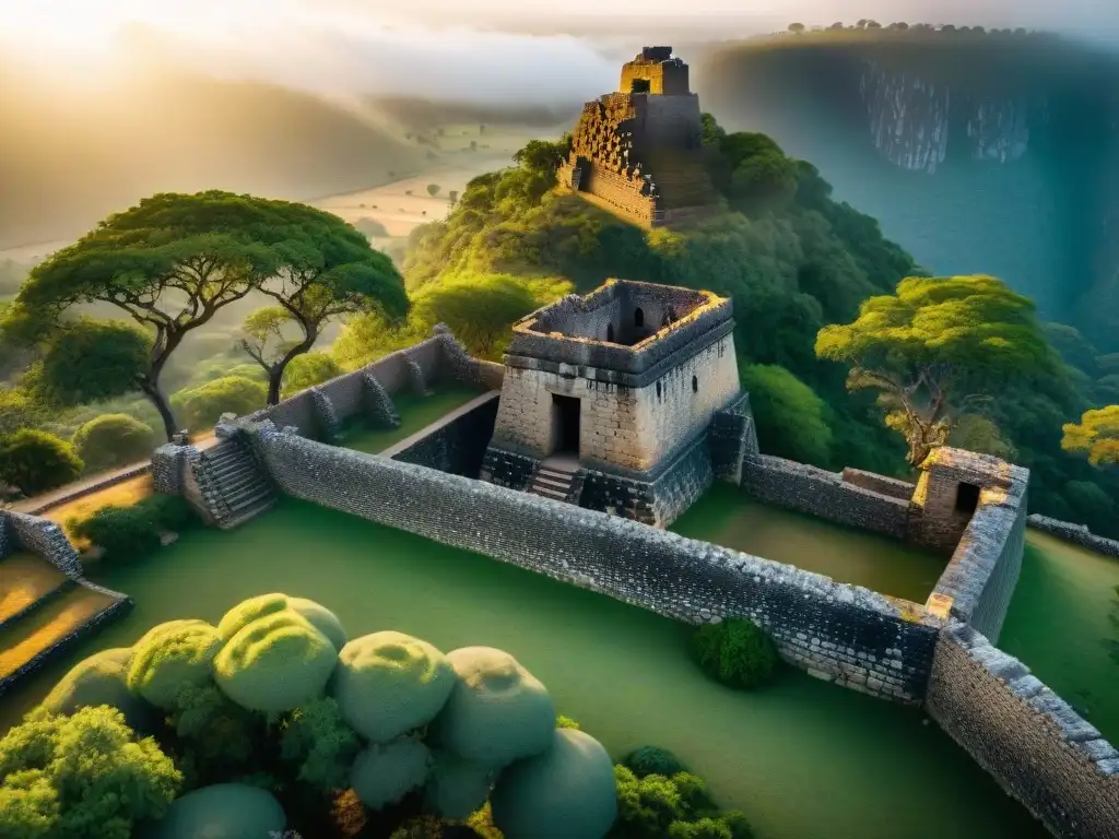 Imponentes ruinas de Great Zimbabwe al atardecer, mostrando muros de piedra rodeados de vegetación exuberante