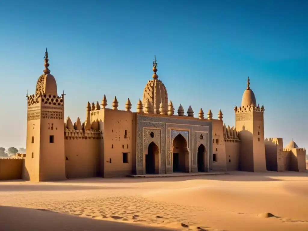 Imponentes ruinas de la Gran Mezquita de Djenné en Mali, mostrando la arquitectura de barro y los minaretes bajo un cielo azul