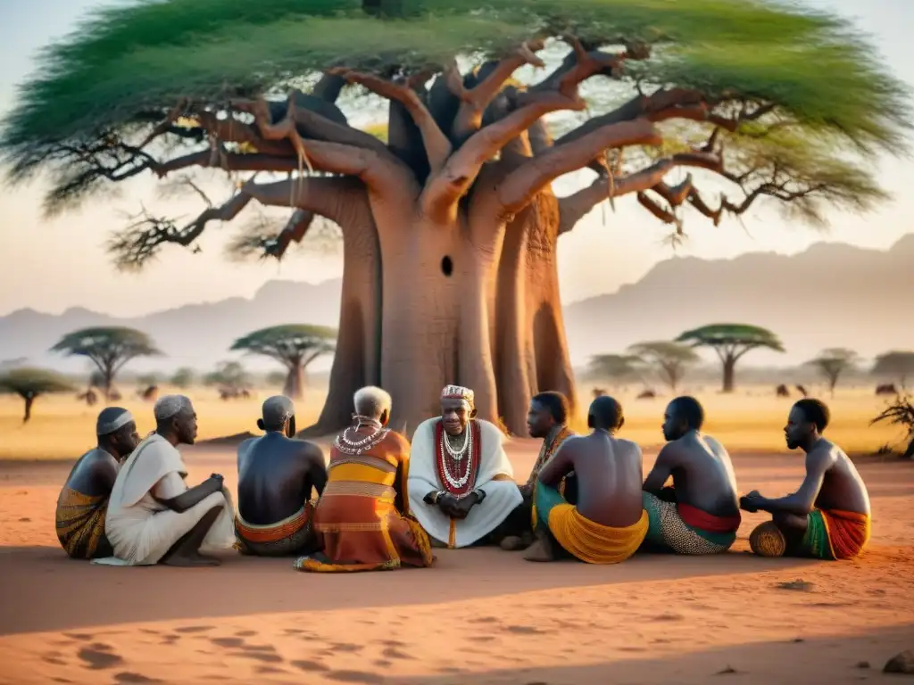 Importancia de consejos ancianos en gobernanza: Sabios ancianos africanos bajo baobab al atardecer, irradiando sabiduría ancestral