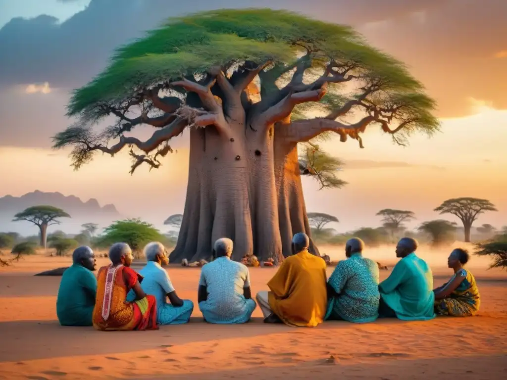 Importancia de los consejos de ancianos en la gobernanza africana bajo un baobab al atardecer