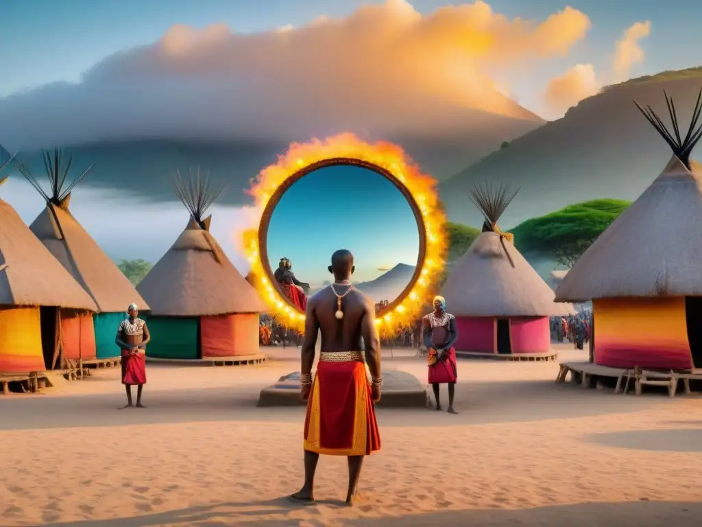 La importancia de espejos en culturas africanas: Celebración ritual con espejos en un vibrante pueblo africano al atardecer