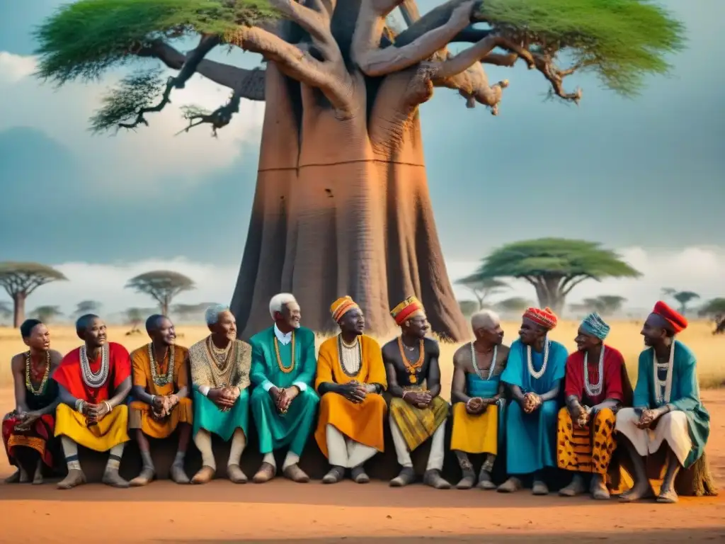 Importancia de preservar lenguas africanas minoritarias: Ancianos de diversas tribus africanas debatiendo bajo un baobab