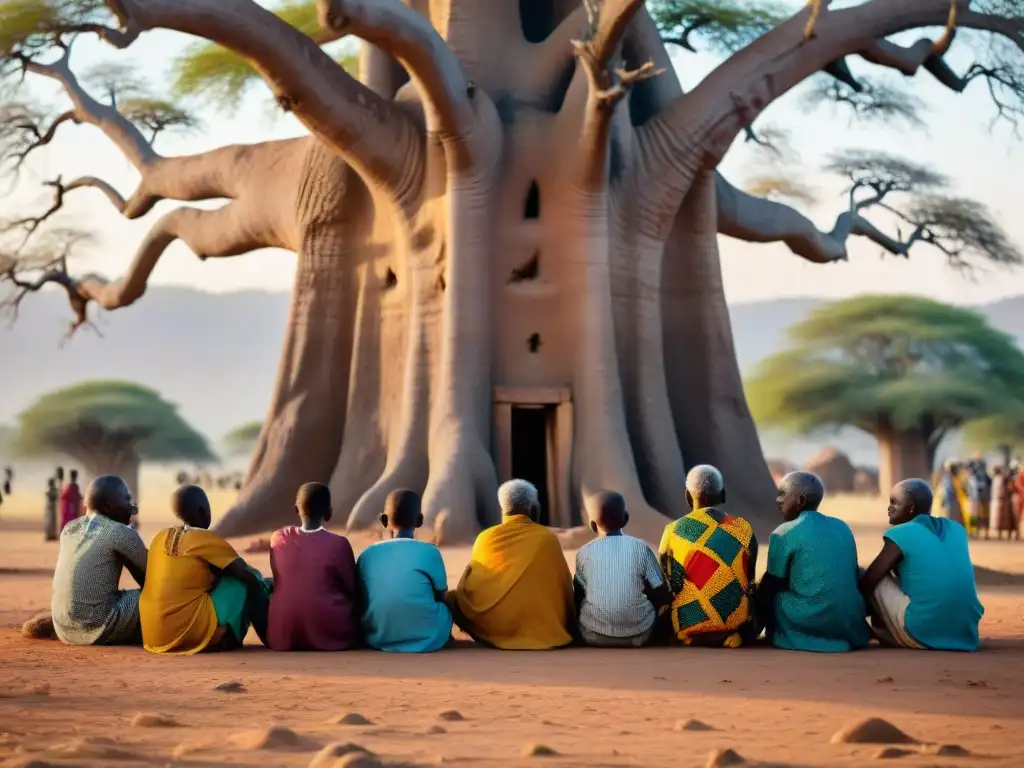 Transmisión de la importancia de los mitos en la sociedad africana bajo un baobab, con ancianos y niños en una atmósfera mágica