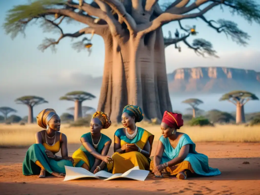 Importancia del papel de la mujer en la arquitectura africana: Grupo de arquitectas africanas en atuendos tradicionales, diseñando bajo un baobab