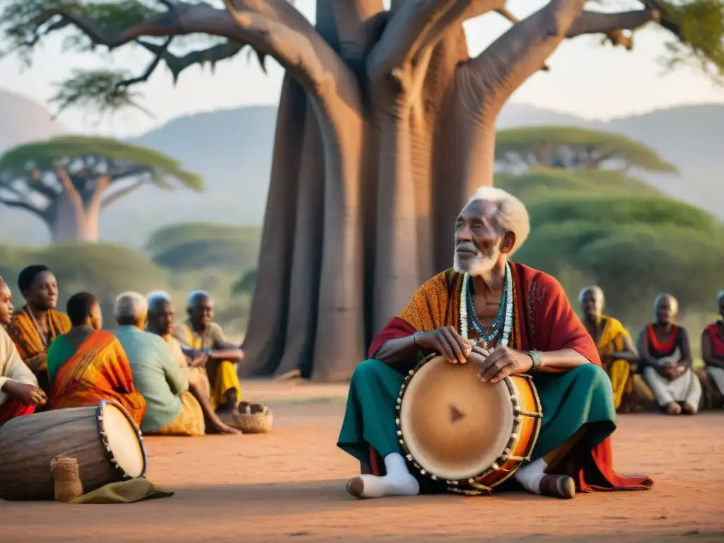 Relatos ancestrales bajo el baobab: magia y sabiduría africana La importancia de preservar tradiciones orales africanas: Un anciano griot africano narra historias bajo un baobab, rodeado de un público cautivado