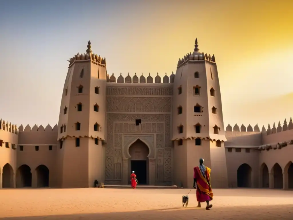 Impresionante arquitectura islámica en África con detalles adobe, minaretes y patrones geométricos bajo la luz dorada