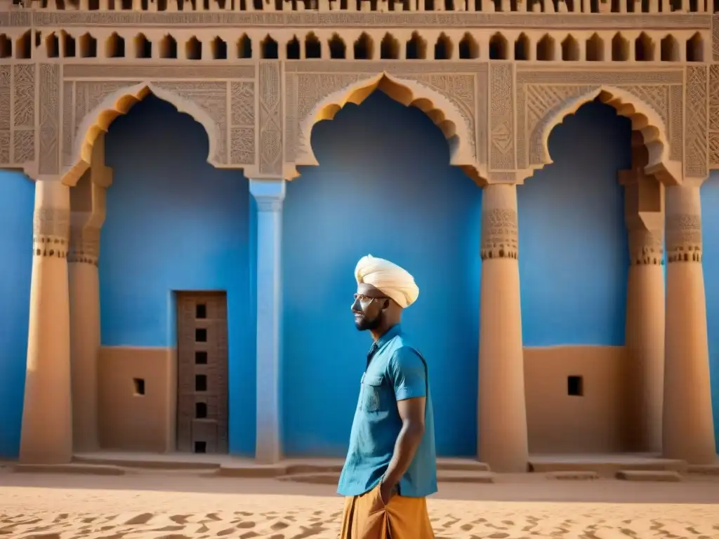 Impresionante arquitectura de tierra en Mali: la Gran Mezquita de Djenné con sus minaretes y detalles tallados, bajo un cielo azul claro